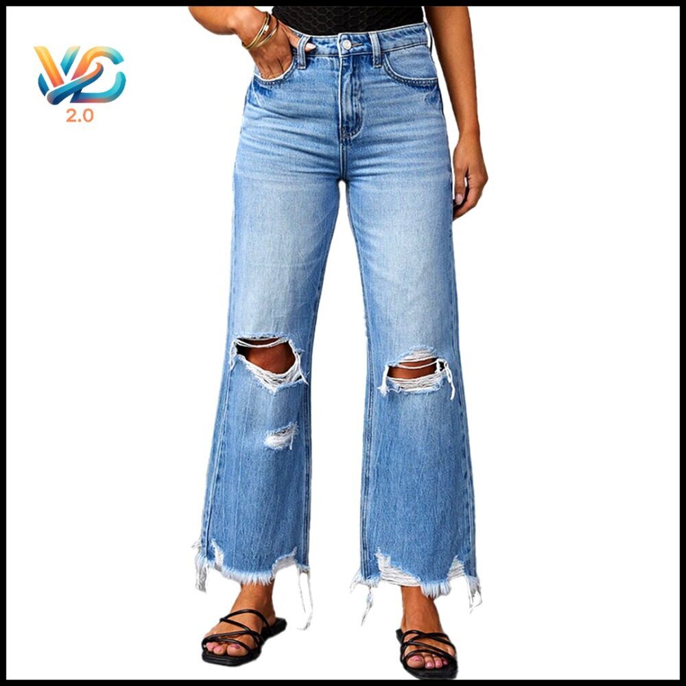 High-Rise Distressed Bell Bottom‎ Jeans Wide Leg Boyfriend Fit Denim Pants